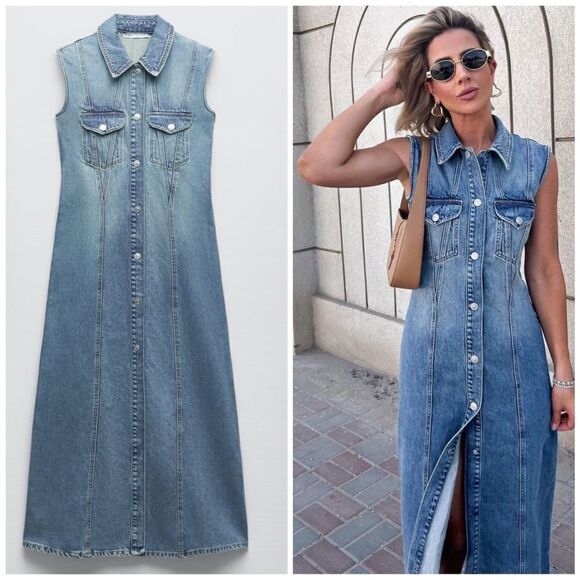 Zara Denim TRF Dress New Blue - Picture 1 of 8